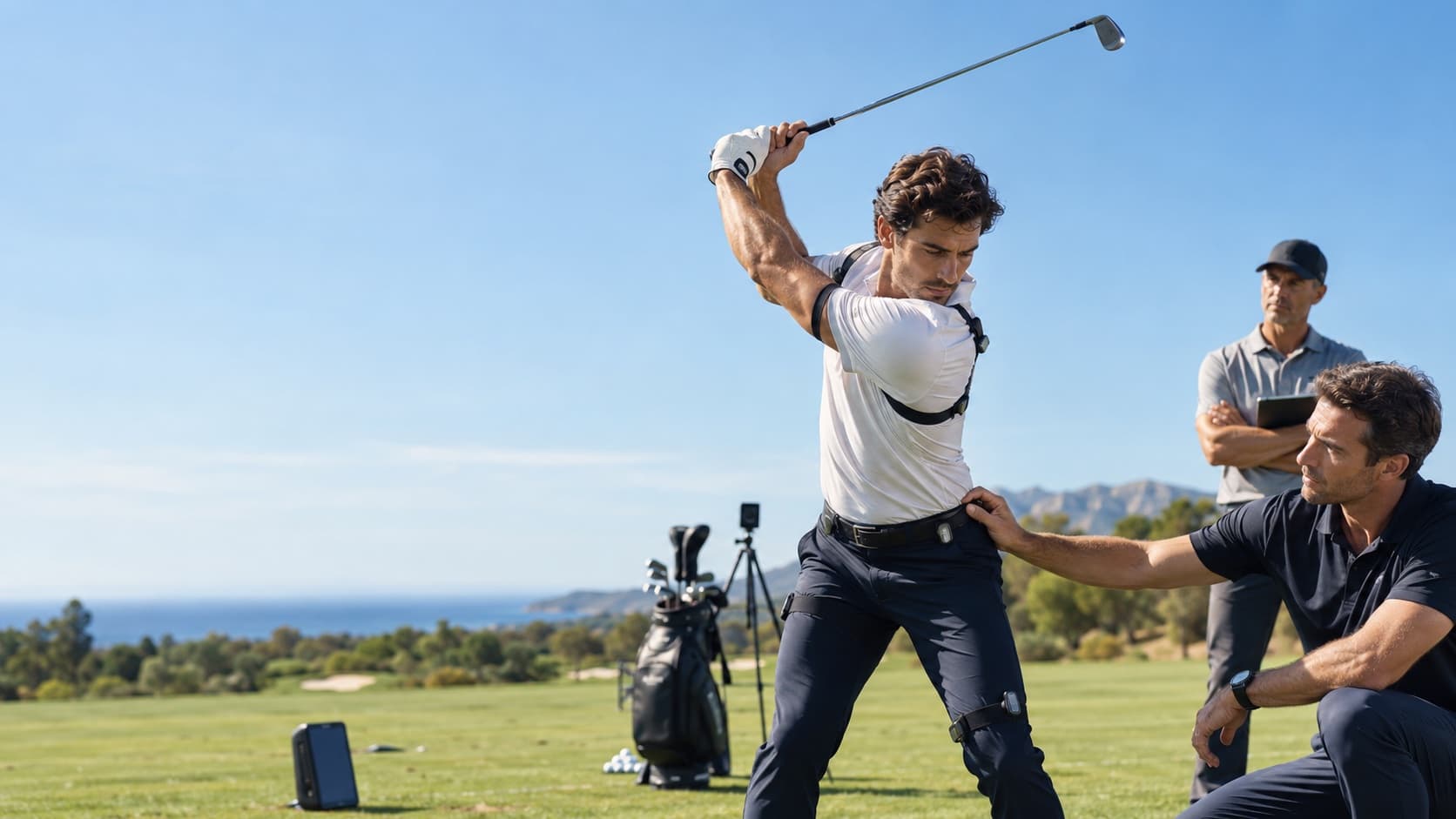 Un joueur au sommet de son swing sur le parcours, son coach accroupi à côté de lui, tablette à la main.